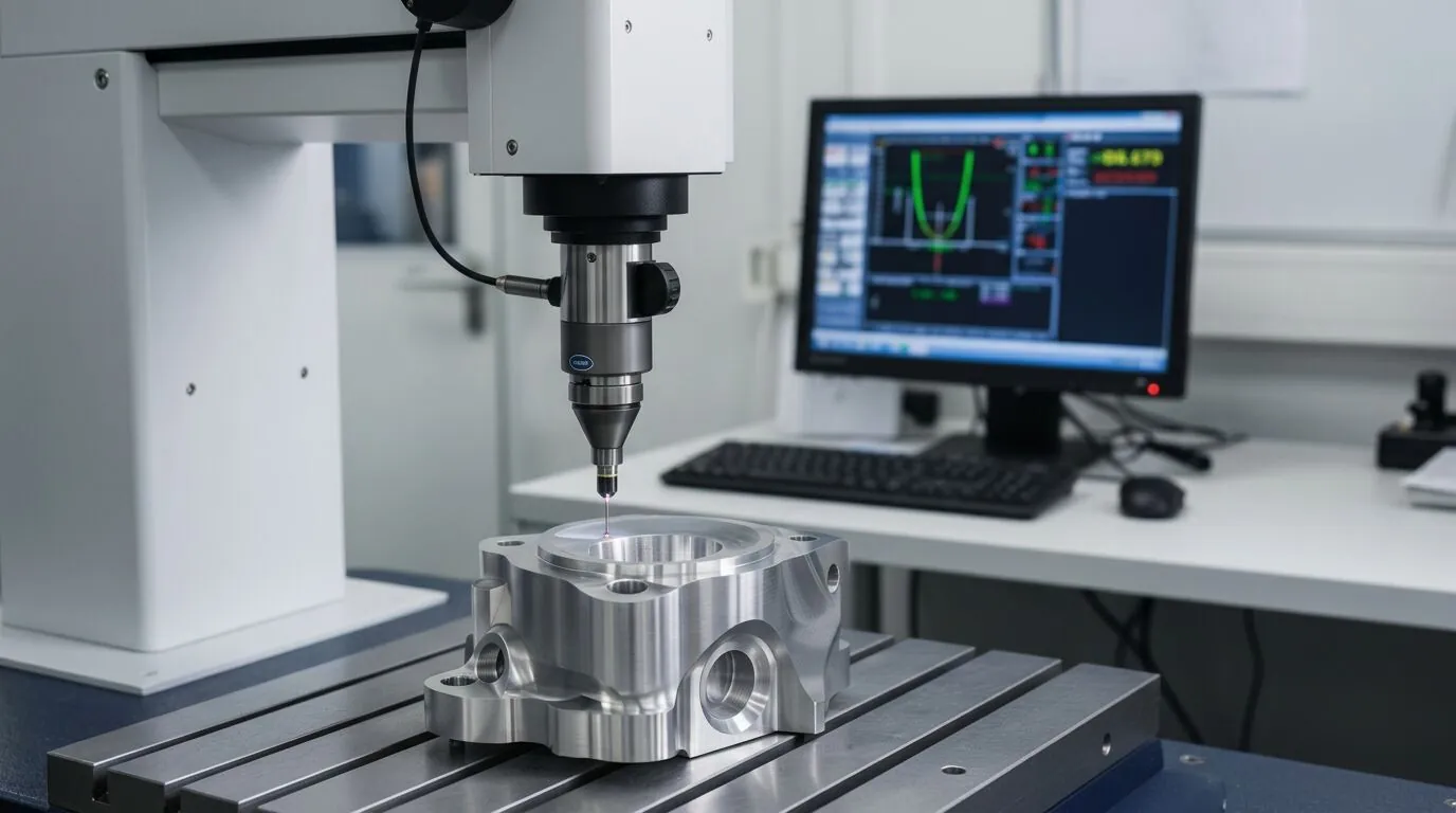 CMM coordinate measuring machine inspecting precision machined aerospace component with measurement data on computer screen